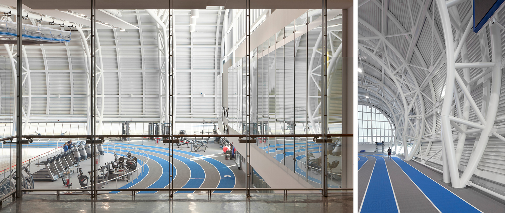 Left: looking through full height windows into a large, open, running track area. Right: Indoor running track with large, curved metal structure.