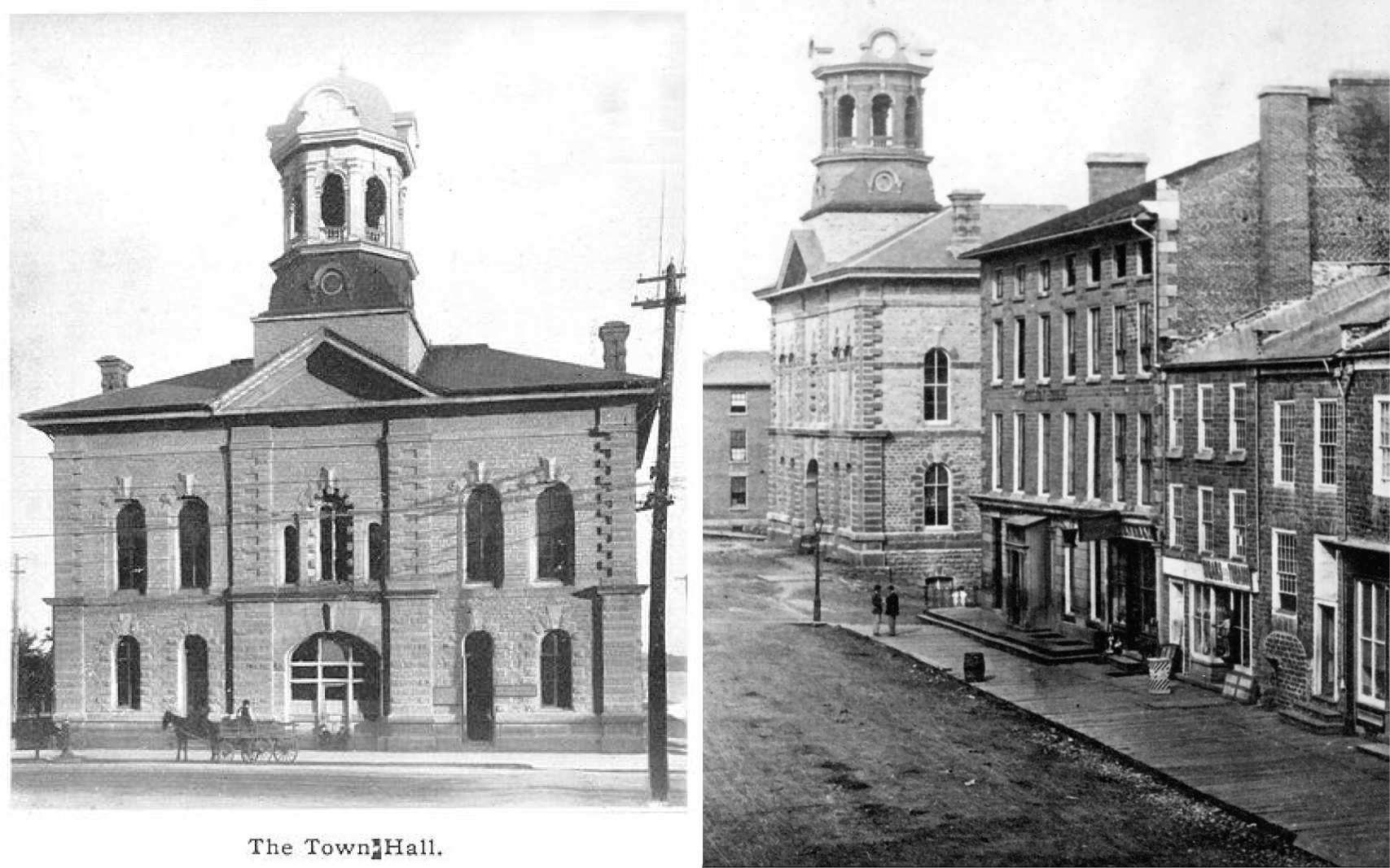 Left: historic black and white photograph of a symmetrical building with large arched windows and a central clock tower. Right: historic black and white perspective photo of Victoria Hall on city street with surrounding brick buildings, sidewalk, and road.